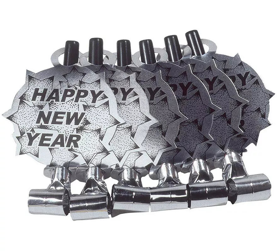 Translation missing: fr.Pack de 6 Matasuegras Plateadas 'Happy New Year' para Nochevieja