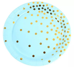 Lot de 6 assiettes en carton à pois dorés de 18 cm de différentes couleurs.