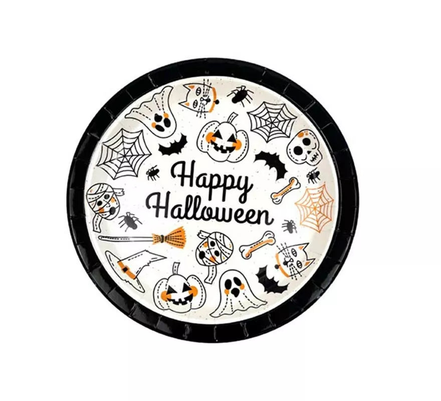 Translation missing: fr.Pack de 6 Platos Happy Halloween Print blanco y negro de 18 cm