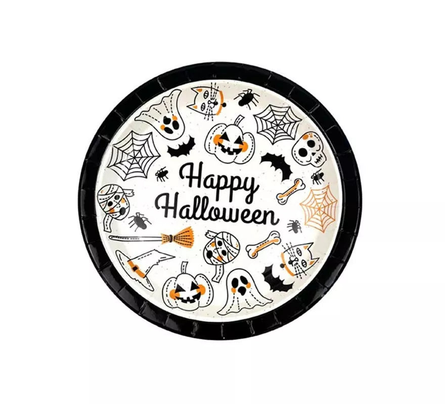 Translation missing: fr.Pack de 6 Platos Happy Halloween Print blanco y negro de 23 cm