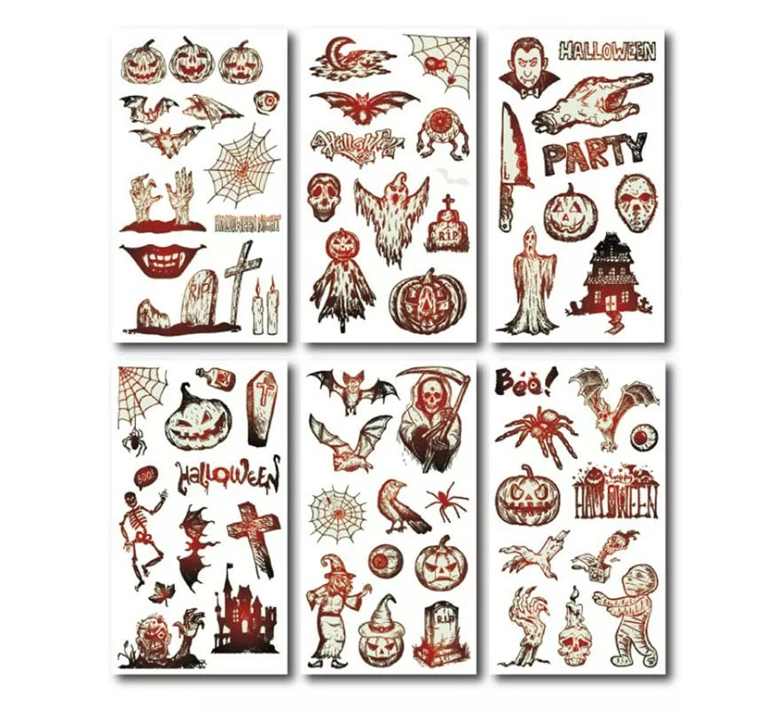 Translation missing: fr.Pack de 6 Tatuajes Halloween luminiscente en modelos surtidos de 6,8 cm