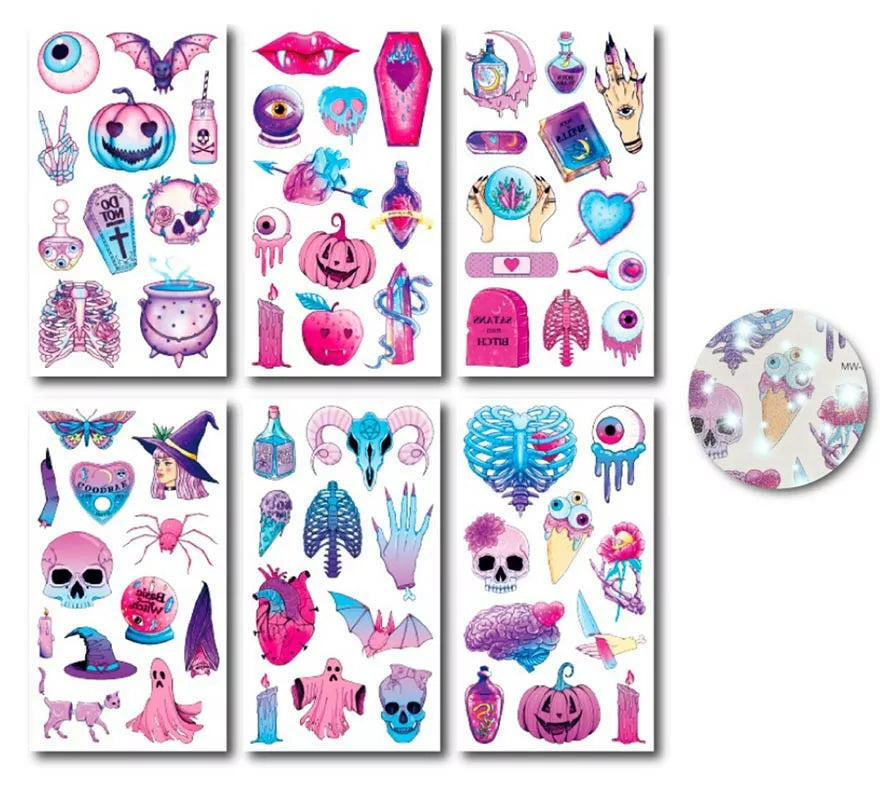 Translation missing: fr.Pack de 6 Tatuajes Halloween rosa glitter en modelos surtidos de 6,8 cm