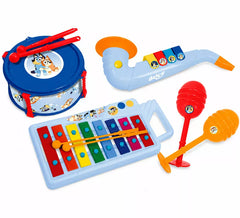 Bluey xylophone, batterie, saxophone et maracas