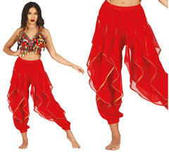 Pantalon de danse orientale rouge à franges dorées