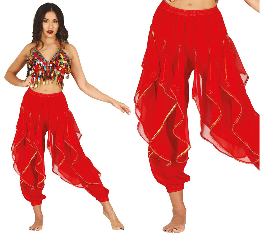 Translation missing: fr.Pantalones Danza del Vientre Rojo con Flecos Dorados