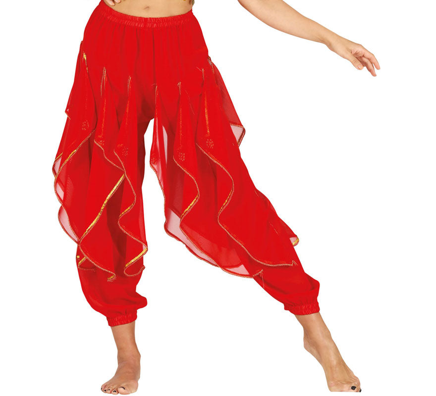Translation missing: fr.Pantalones Danza del Vientre Rojo con Flecos Dorados