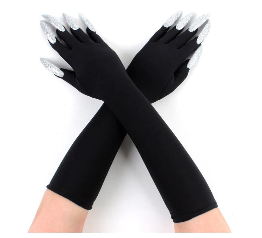 Translation missing: fr.Par de Guantes negros con Uñas plateadas adulto
