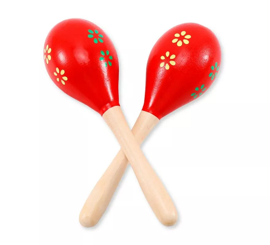 Translation missing: fr.Par de Maracas de madera roja con flores 20 cm