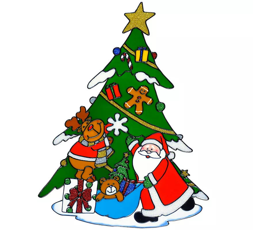 Translation missing: fr.Pegatina Ventana Árbol Navidad con Papá Noel y Reno de 40 cm