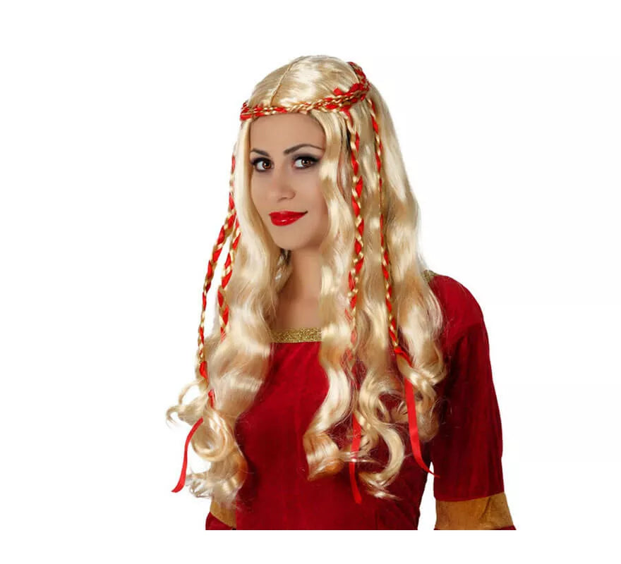 Translation missing: fr.Peluca de Dama Medieval rubia con lazo rojo