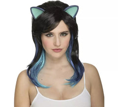 Perruque de Chatte Noire avec oreilles et mèches bleu