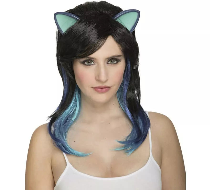 Translation missing: fr.Peluca de Gatita Negra con Orejas y Mechas Azules