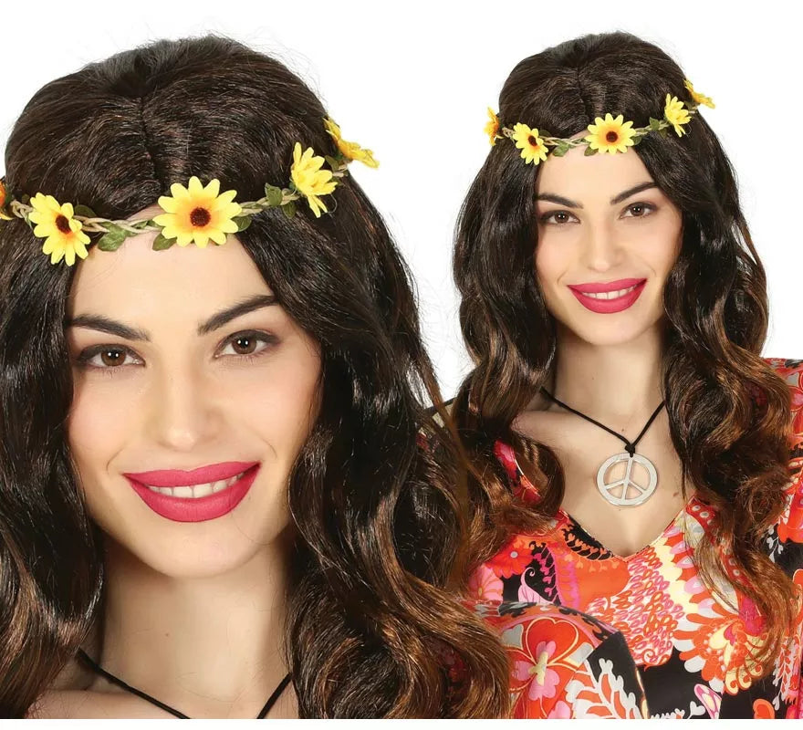 Translation missing: fr.Peluca de Hippie Negra con Flores