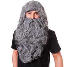 Perruque de sorcier grise avec longue barbe