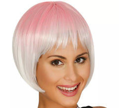 Perruque Courte Rose et Blanche avec Frange