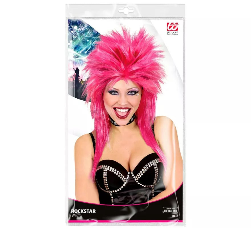 Peluca de Rockstar rosa fuerte adulto