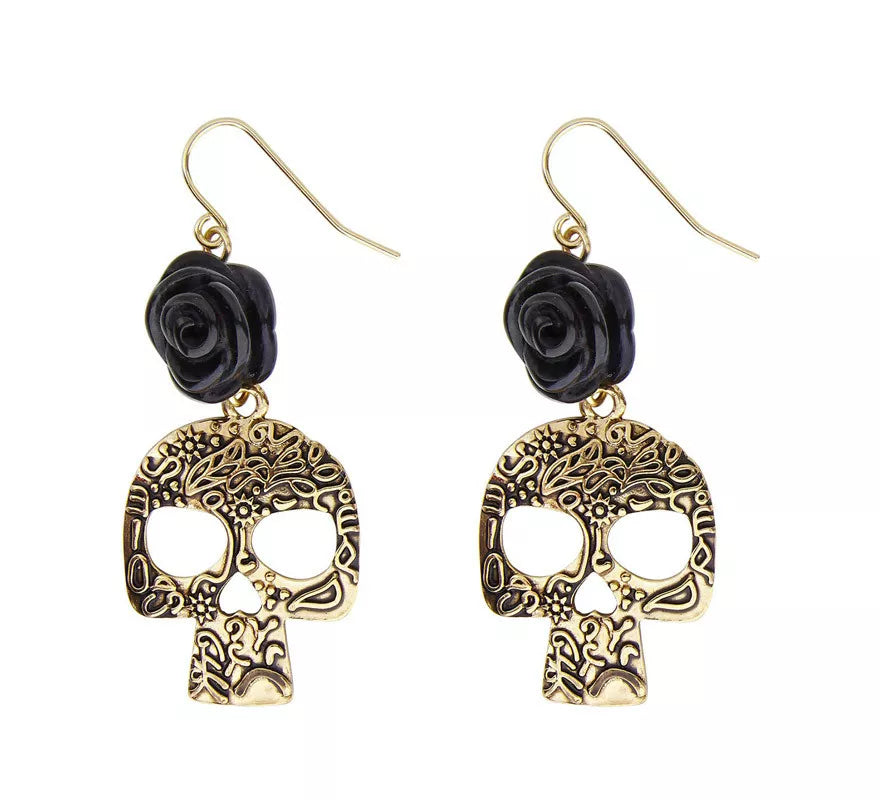 Translation missing: fr.Pendientes de Calavera Dorada con Rosa Negra