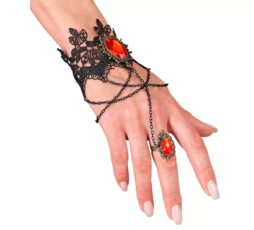 Translation missing: fr.Pulsera Gótica de Encaje con Anillo y Gemas rojas