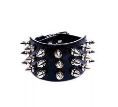Bracelet Punk noir avec 3 rangées de picots argentés