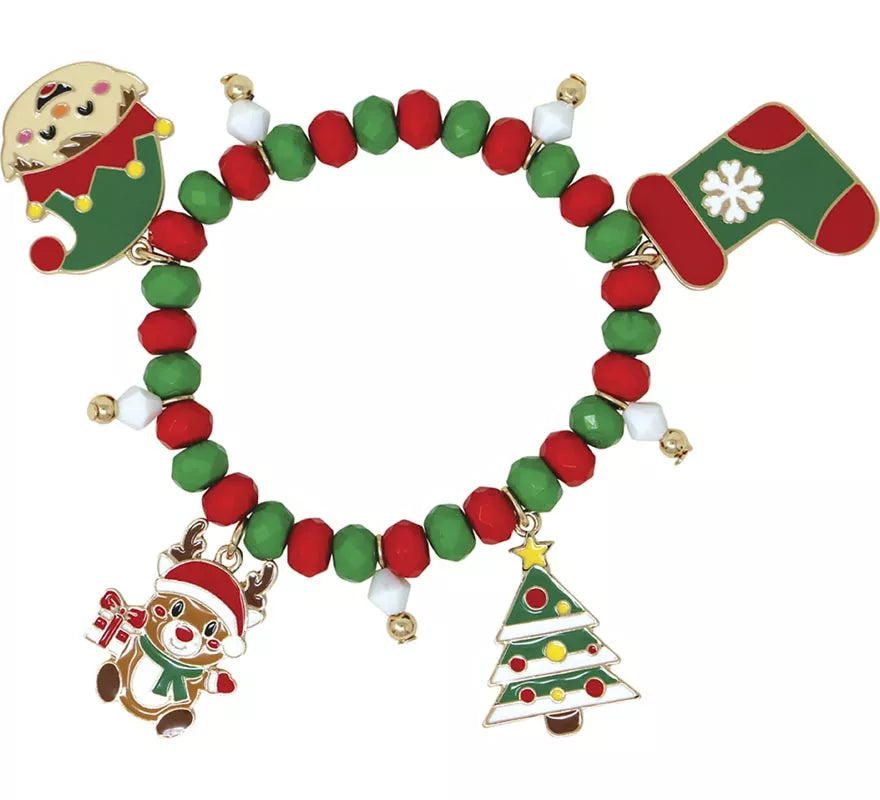 Pulsera roja y verde con Colgantes de Elfo y Muñeco de Nieve