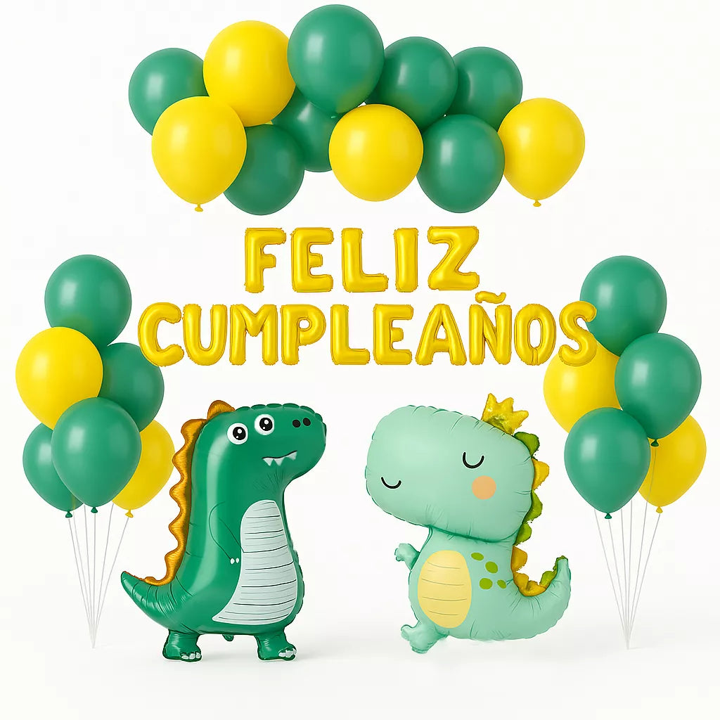 Translation missing: fr.Set 26 pc Globos Dinosaurios con Guirnalda de Feliz Cumpleaños