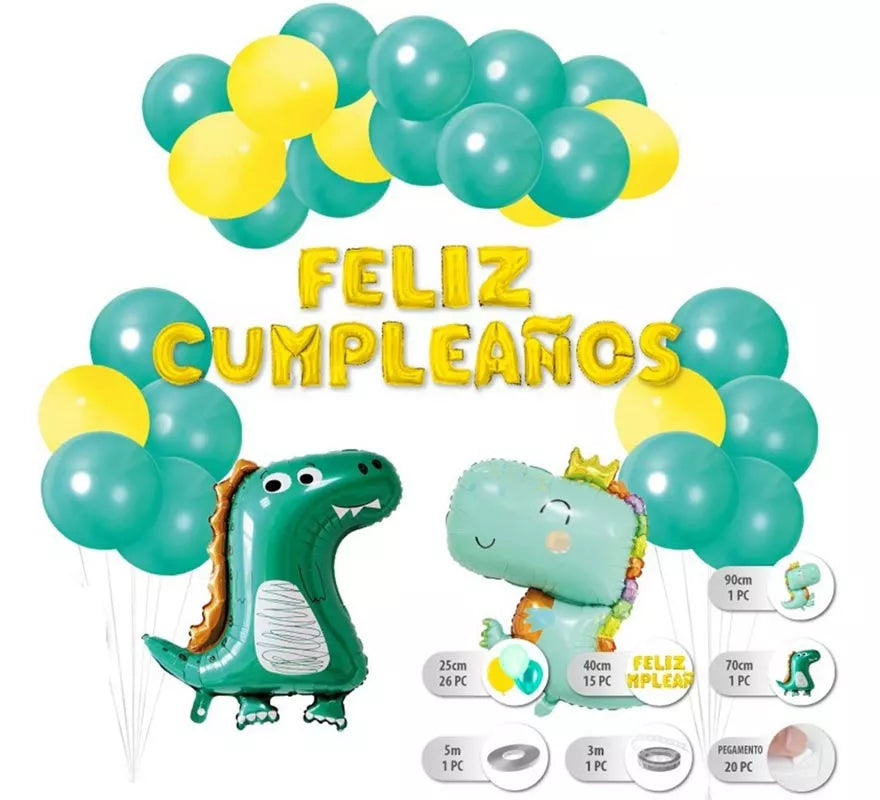 Translation missing: fr.Set 26 pc Globos Dinosaurios con Guirnalda de Feliz Cumpleaños