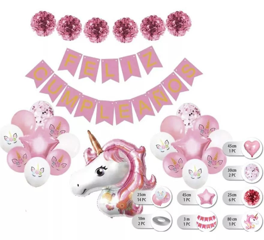 Translation missing: fr.Set 26 pc Globos Unicornios con Guirnalda de Feliz Cumpleaños