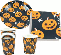 Set Halloween Citrouille: 6 assiettes, 6 verres et 6 serviettes
