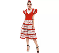 Déguisement sévillane blanche avec bordure rouge pour femme