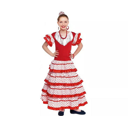 Sevillana blanco con borde rojo para niña