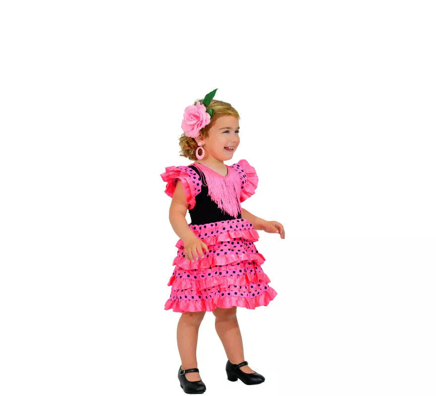 Translation missing: fr.Sevillana Clásico fucsia con lunares negros para niña