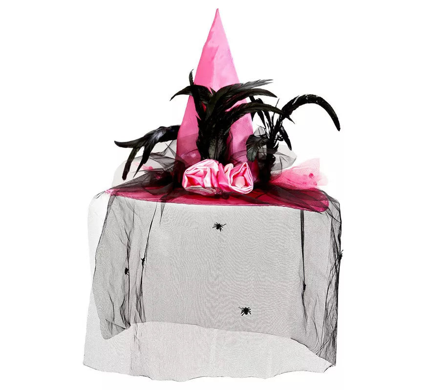Translation missing: fr.Sombrero Bruja con Velo de Raso, Arañas y Plumas Rosa, 59 cm de circunferencia