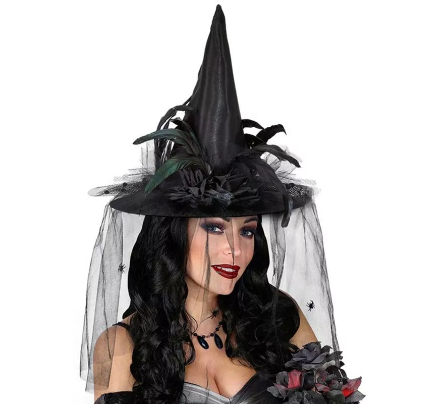 Translation missing: fr.Sombrero de Bruja con Tul, Flores y Plumas