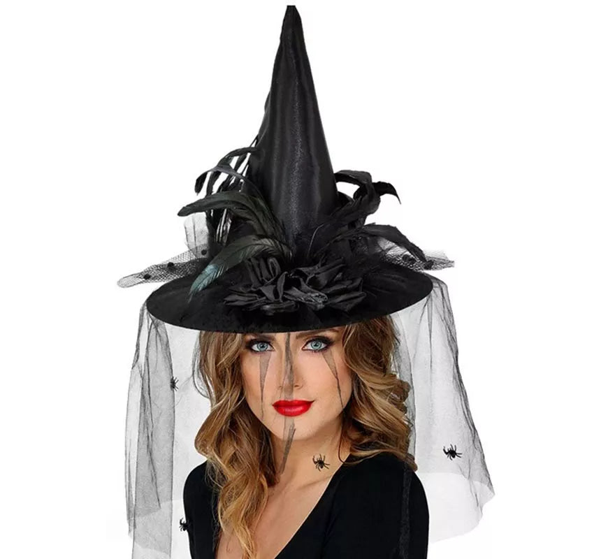 Sombrero de Bruja con Tul, Flores y Plumas
