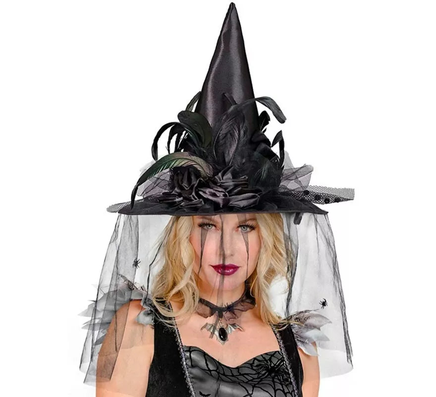 Sombrero de Bruja con Tul, Flores y Plumas