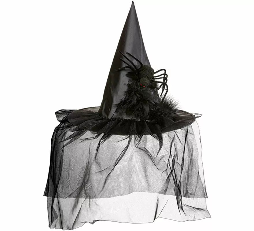 Sombrero de Bruja con Tul, Plumas y Araña