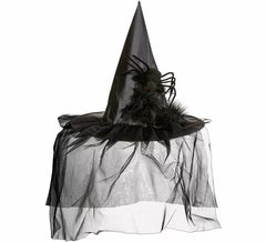Chapeau de sorcière avec tulle, plumes et araignée