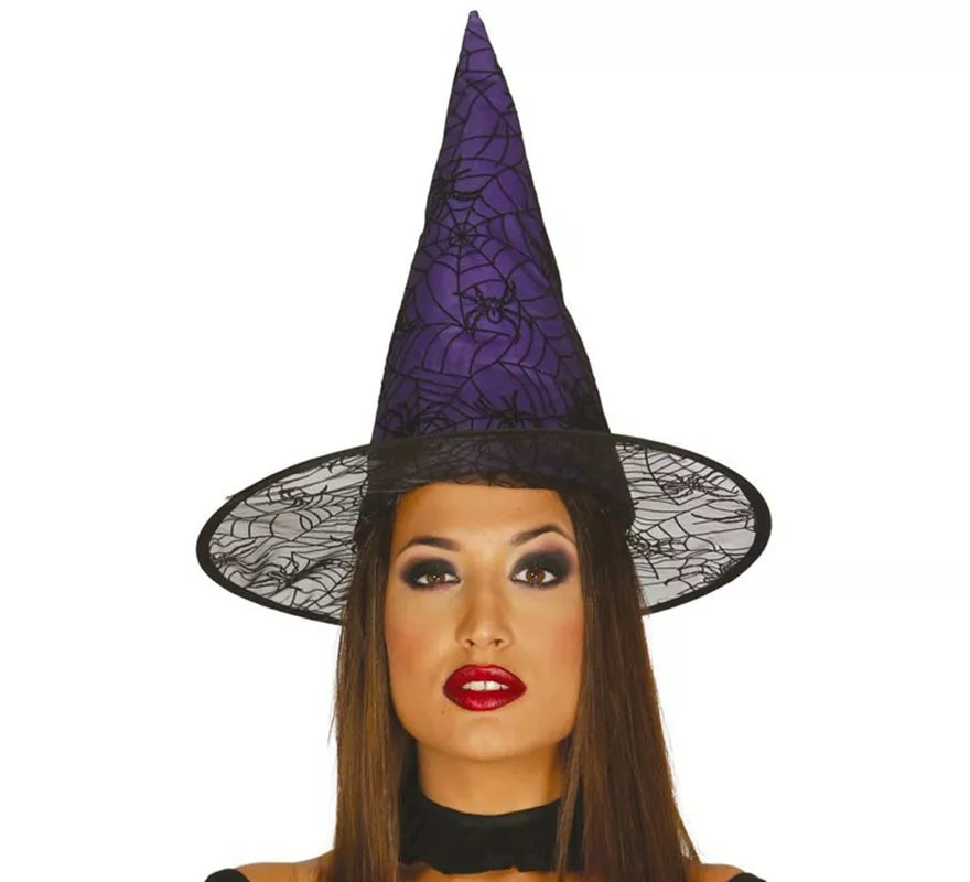 Translation missing: fr.Sombrero de Bruja lila con telarañas y arañas