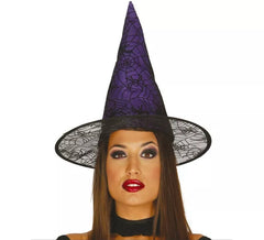 Chapeau Pointu de Sorcière Mauve avec toiles d'Araignées