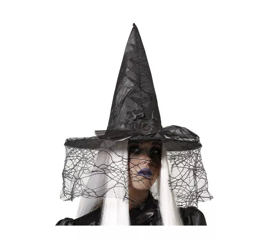 Translation missing: fr.Sombrero de Bruja Negro con Velo de 41x34 cm