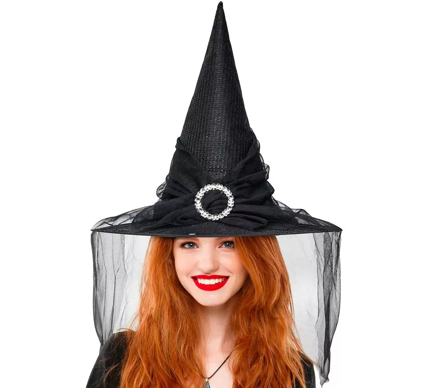 Sombrero de Bruja negro Hebilla con Tul