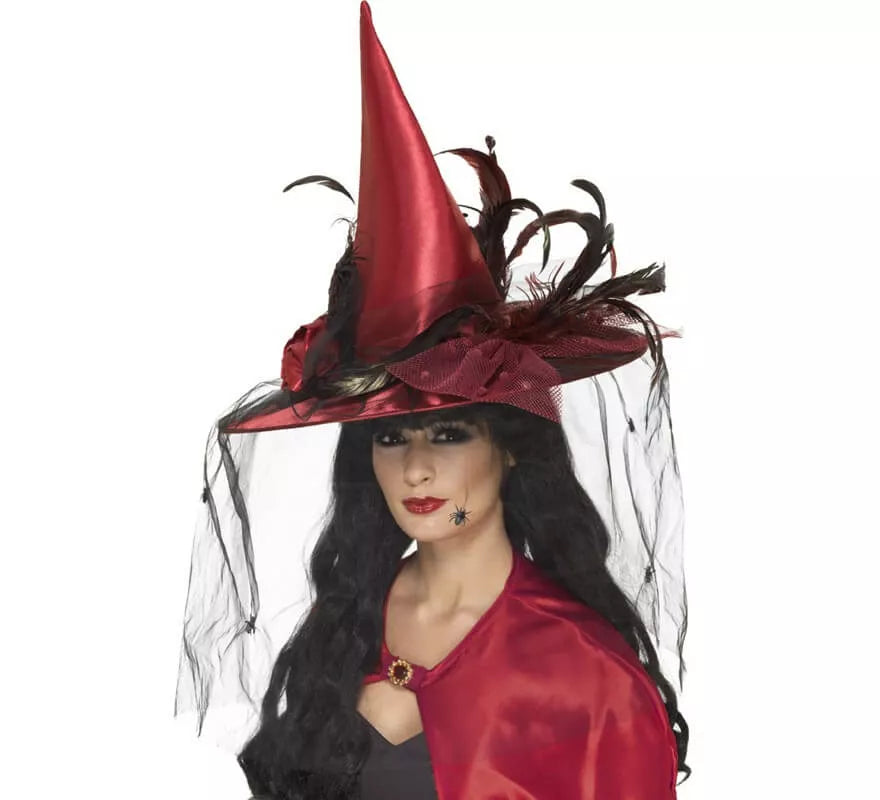 Translation missing: fr.Sombrero de Bruja Rojo con plumas y velo
