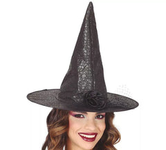 Chapeau de sorcière en simili cuir avec fleur