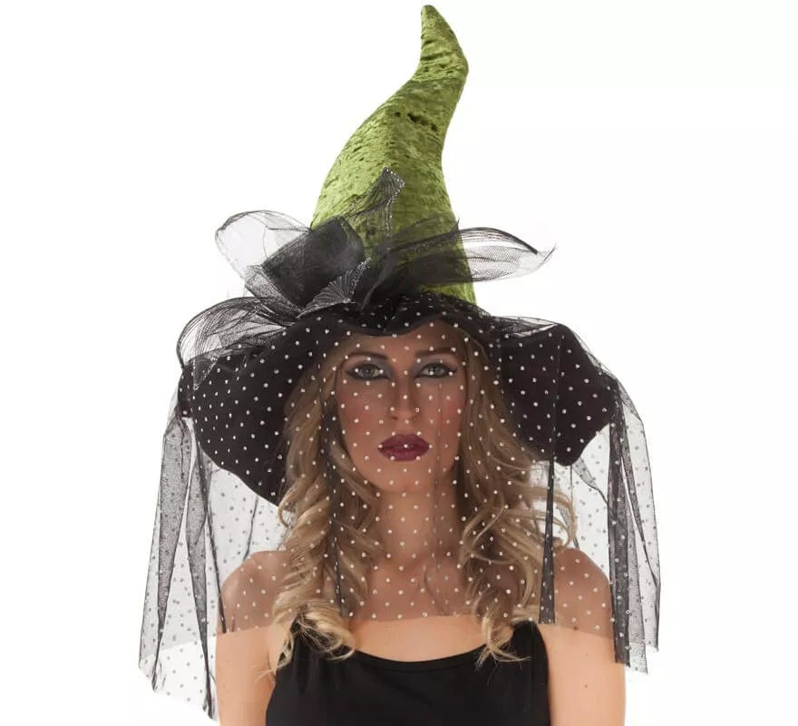 Translation missing: fr.Sombrero de Bruja verde con Velo 59 cm