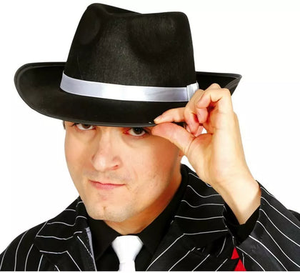 Sombrero Gánster negro con cinta blanca