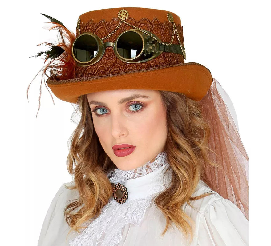 Translation missing: fr.Sombrero Steampunk Top de Fieltro con Velo