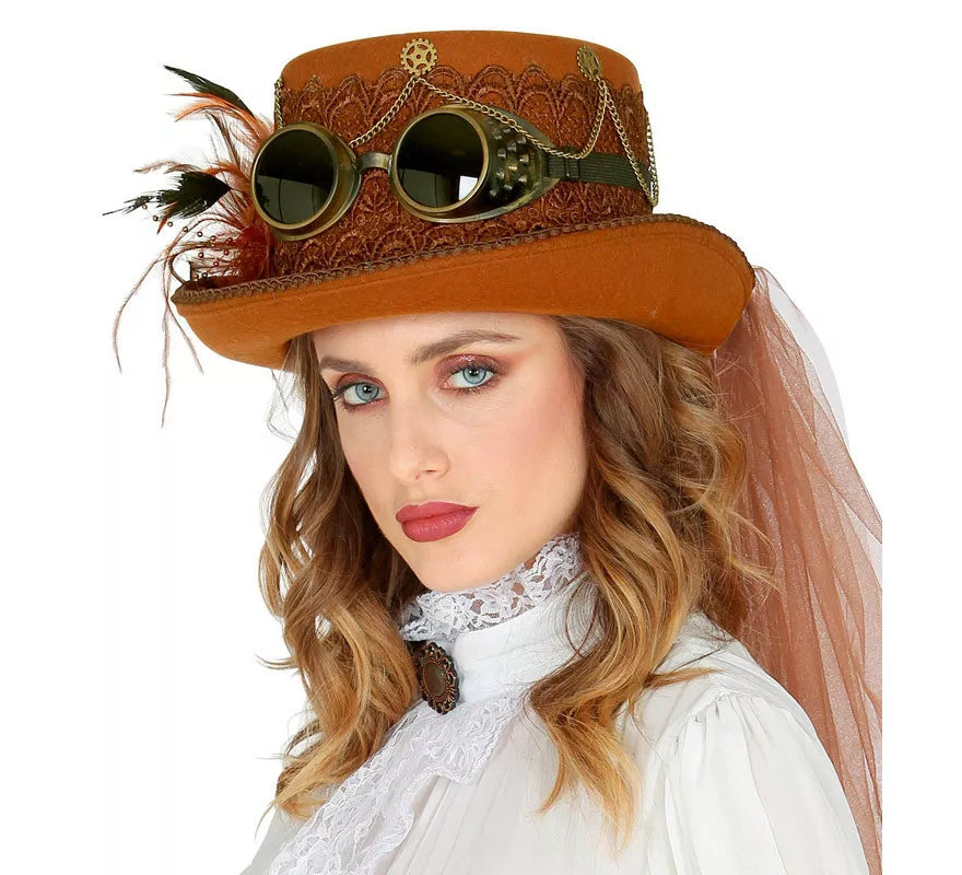 Translation missing: fr.Sombrero Steampunk Top de Fieltro con Velo
