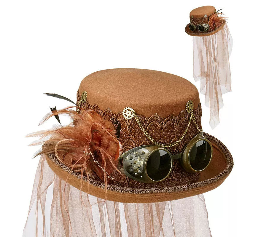 Sombrero Steampunk Top de Fieltro con Velo