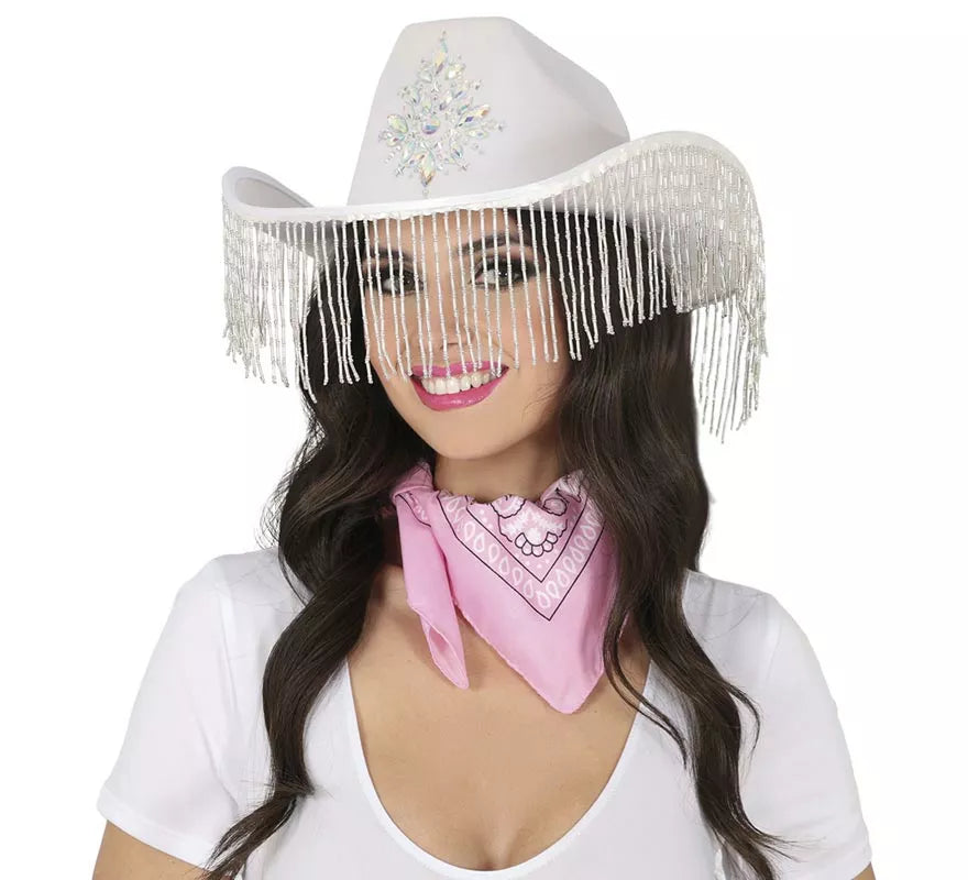 Sombrero Vaquero blanco con Flecos para adultos