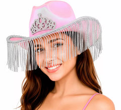 chapeau de cowboy rose à franges